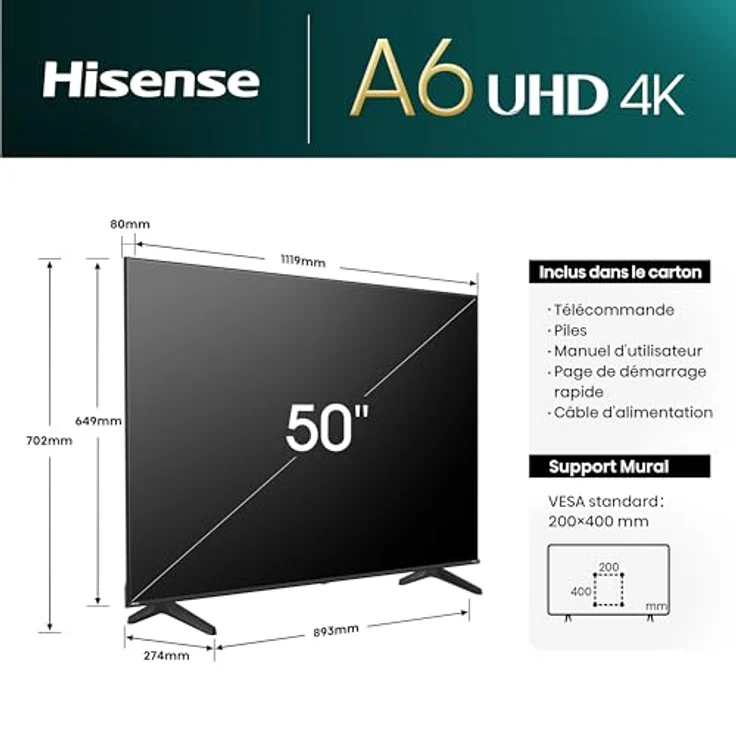 Hisense Smart TV 50 Zoll 50A6N 4K UHD, Dolby Vision, HDR, VIDAA mit YouTube, Netflix, Disney+, Canal + (Modell 2024) – Bild 4