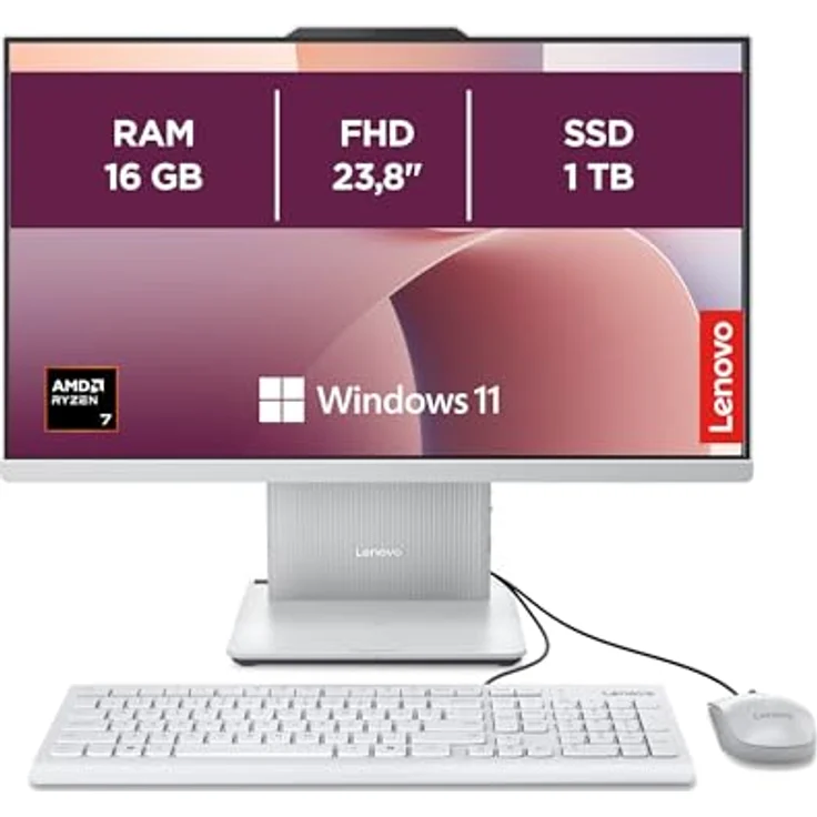 Lenovo IdeaCentre All-In-One PC, 23.8" Full HD, AMD Ryzen 7 250, 16GB RAM, 1TB SSD, AMD Radeon Grafik, Windows 11, Cloud grau, inkl. USB Maus-Tastatur, 3 Monate Premium Care – Bild 1