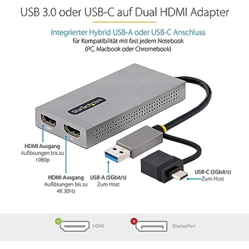 Adaptateur USB Vers Double HDMI StarTech - 4K30Hz + 1080p Pour Double écran