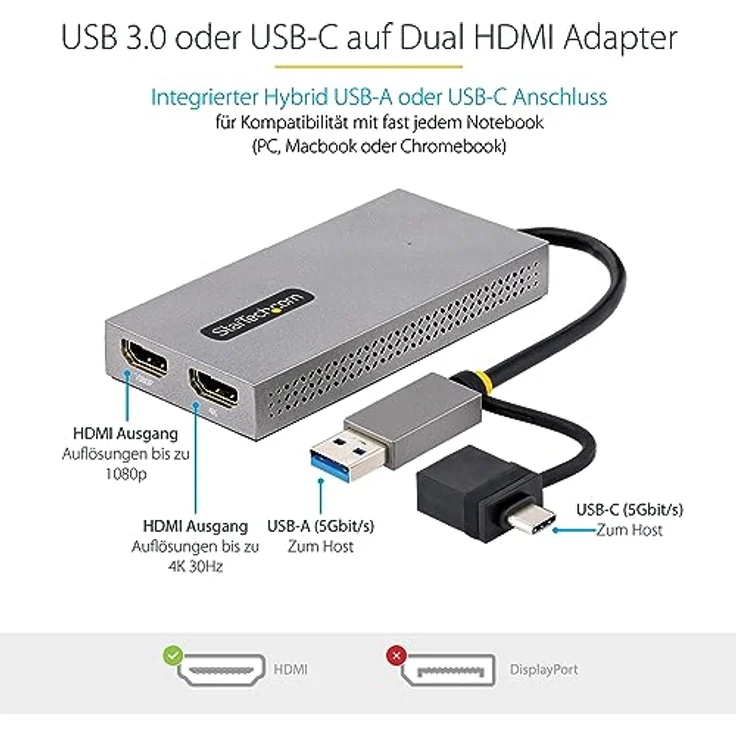 StarTech.com Dual Monitor Adapter, USB A/C auf 2x HDMI (1x 4K30Hz, 1x 1080p), externe grafikkarte, 11cm Kabel, USB 3.0 zu Bildschirm Adapter, Windows, Chrome OS & macOS (107B-USB-HDMI) – Bild 3