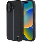 CG MOBILE Mercedes-Benz HC-Handyhülle für iPhone 16, langlebig, stoßfest, kompatibel mit MagSafe, Blue Line Leder, Schwarz