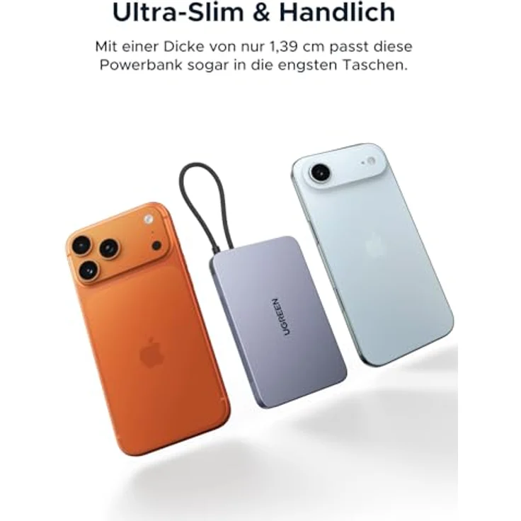 UGREEN MagFlow Air Power Bank, Ultra Slim 10000mAh Magsafe Powerbank mit 15W Qi2, PD 30W Schnellladung, integriertes Kabel, ergonomisches Design, Grau – Bild 2