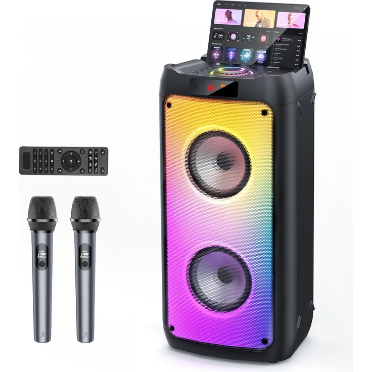 JYX Tragbare Karaoke-Maschine Bluetooth-Lautsprecher mit 30m Reichweite, 2 Mikrofonen und Disco-Lichtern für Holiday Party