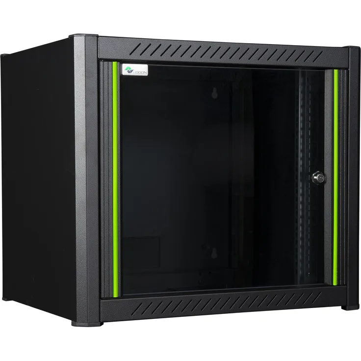 Logon RWM09U45BL, 9 HE 19 Zoll Serverschrank mit gehärteter Glastür und aktiver Belüftung, Schwarz