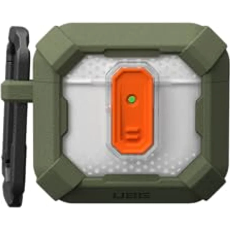 URBAN ARMOR GEAR Plasma Case für die Apple AirPods 4 Hülle [2024] (Magnetisch, Wireless-Charging kompatibel/Status LED sichtbar, Abnehmbarer Karabinerhaken) Olive/transparent – Bild 5