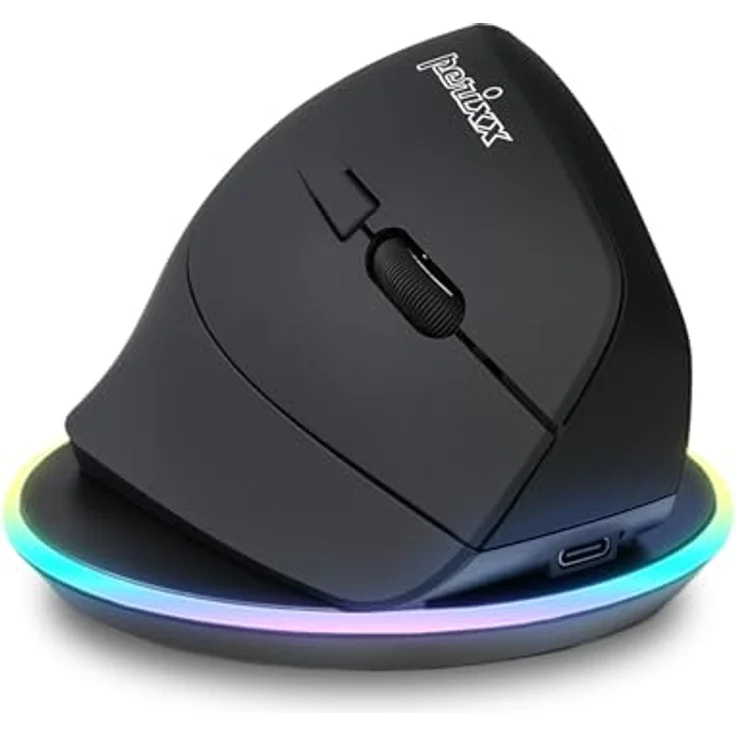 Perixx PERIMICE-715RX Kabellose Wiederaufladbare Vertikale Maus, Ergonomisches Design, Duale Ladefunktion (Kabel & Wireless), Inklusive Wireless-Ladegerät, Für Rechtshänder, Schwarz – Bild 1