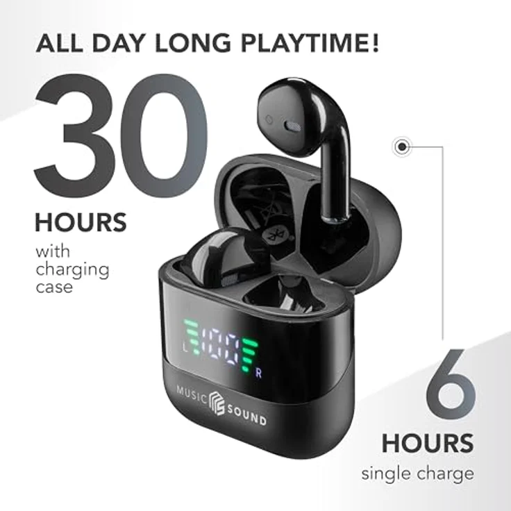 Music Sound Spark TWS Kopfhörer, Bluetooth, Wireless, LED-Display, 30 Stunden Wiedergabe, automatisches Pairing, Touch-Steuerung, Schwarz – Bild 5