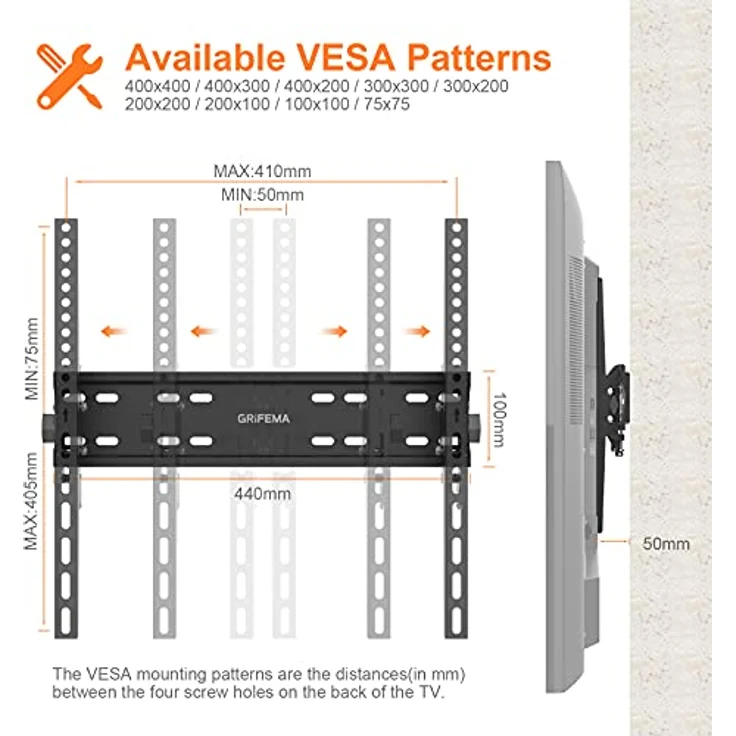GRIFEMA Wandhalterung Fernseher 26-65 Zoll Neigbare, TV Halterung für bis zu 50KG Flach/Curved Fernseher (Universale: Samsung, LG, Sony usw.) Max.VESA 400x400mm, Schwarz – Bild 2