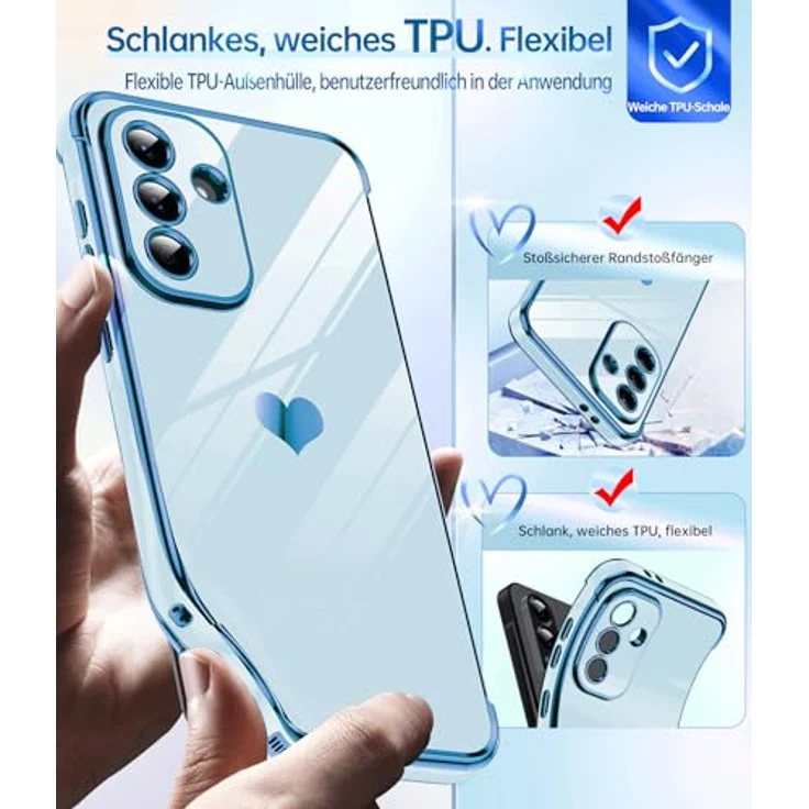 LeYi Handyhülle für Samsung Galaxy A56 5G, Cute Herz Muster TPU Silikon mit 2*Schutzfolie, Stoßfest, Kameraschutz, kratzfest, Blau – Bild 4