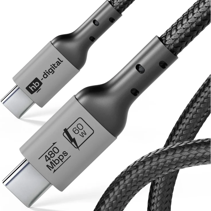 hb-digital USB-C auf USB-C Kabel 1 m, 60W Ladeleistung, USB 2.0, 480Mbps, schwarz