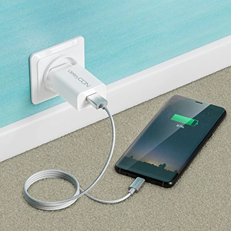 deleyCON 2m USB-C auf USB-A Kabel mit Schnellladefunktion, robustes Nylonkabel in Silber für Notebook, Smartphone und Tablet – Bild 5