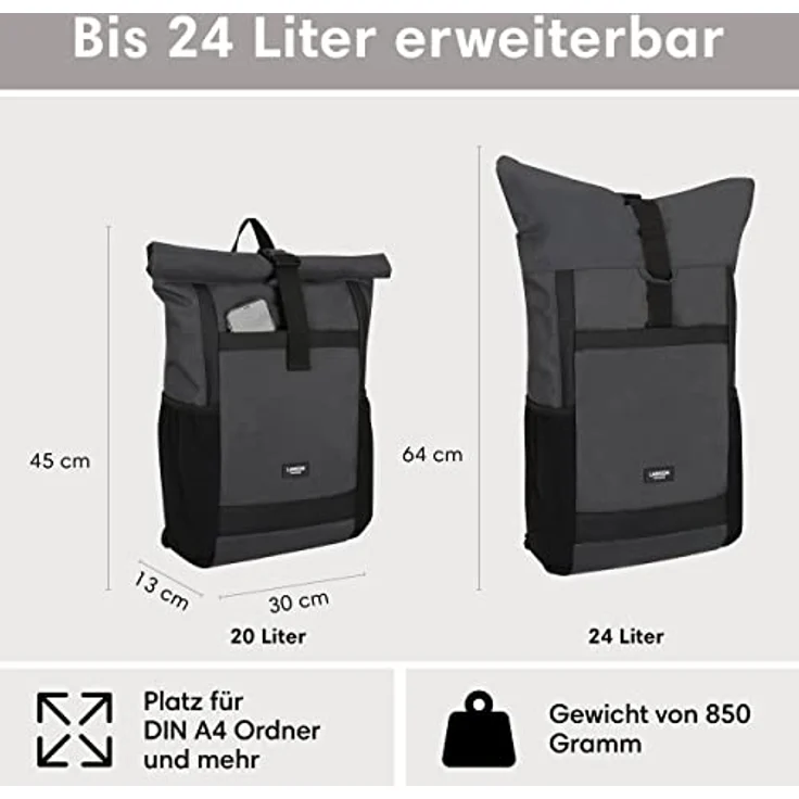 LARKSON Rolltop Rucksack Herren & Damen Groß Anthrazit - No 2 - Daypack für Schule, Uni, Fahrrad - 16 Zoll Laptop Fach für Arbeit - Nachhaltig - Anti-Diebstahl - Wasserabweisend – Bild 2