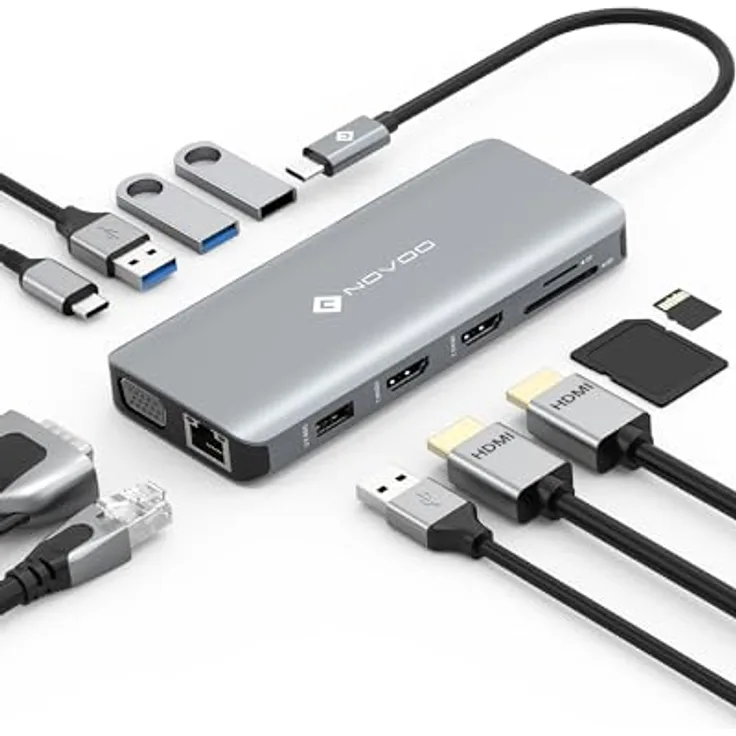 NOVOO 11-in-1 USB-C Docking Station, Double HDMI Multiport Dock mit 4 USB-A-Ports, Gigabit-Ethernet und SD/TF-Kartenleser, kompakt und langlebig