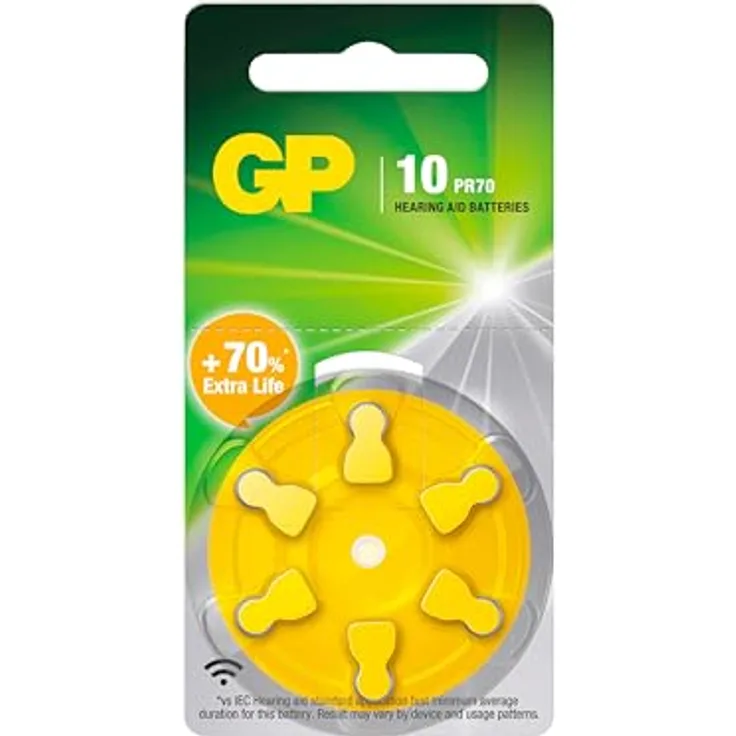 GP Batteries ZA10, 6er Pack Zink-Luft Knopfzellen für Hörgeräte, 1,45 V, Gelb