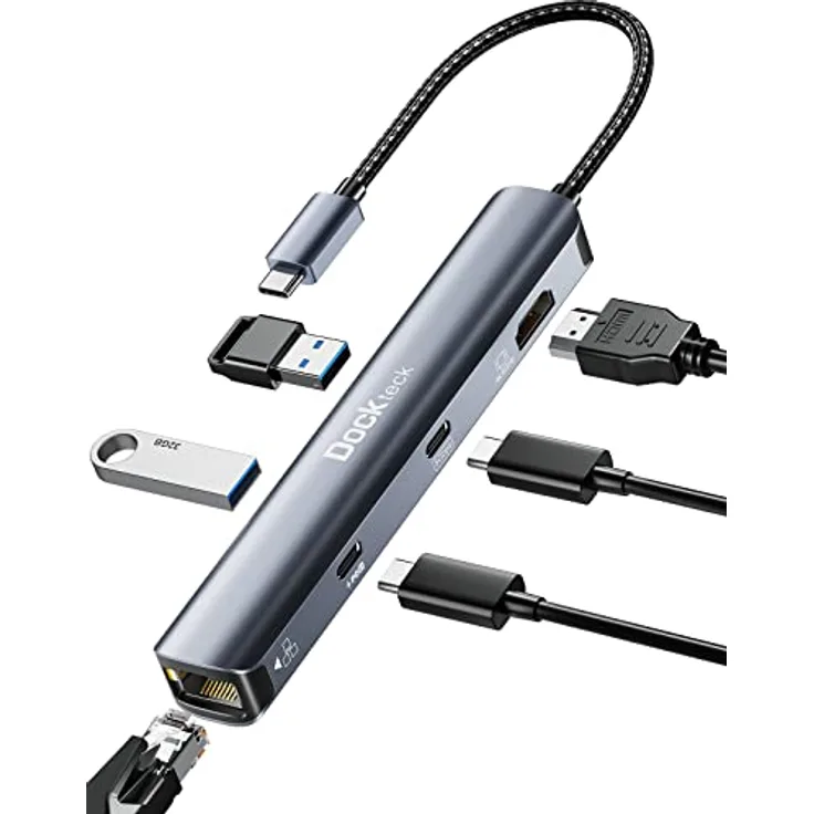 dockteck USB C Hub HDMI 4K 60Hz, 6 in 1 Docking Station mit 100W Power Delivery, RJ45 Ethernet, 2 USB-C und 2 USB 3.0 Ports, für MacBook Pro/Air M1/M2, iPad Pro/Air, Surface Pro