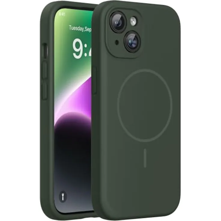 miracase iPhone 14 Hülle mit MagSafe, Flüssigsilikon, kratzfestes Mikrofaser-Innenfutter, stoßfest, Dunkelgrün