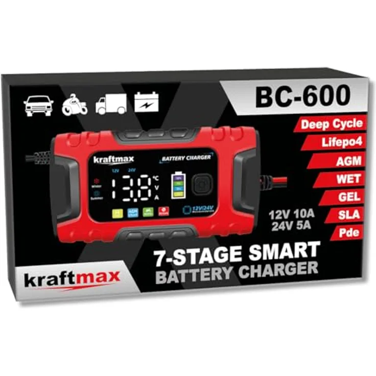 Kraftmax BC-600 Ladegerät 12V/24V, max. 10A für Blei-Säure und LiFePO4 Batterien