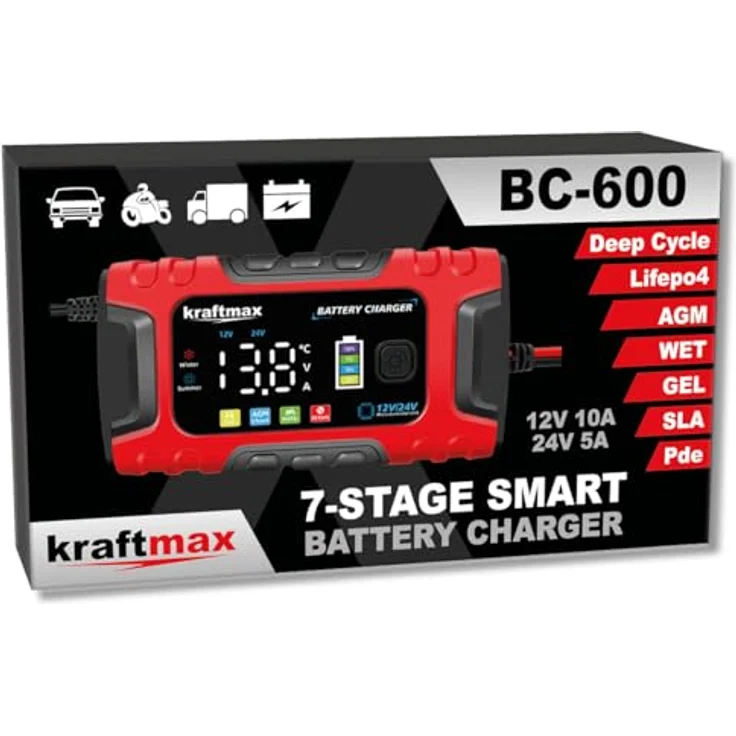 Kraftmax BC-600 Ladegerät 12V/24V, max. 10A für Blei-Säure und LiFePO4 Batterien – Bild 1