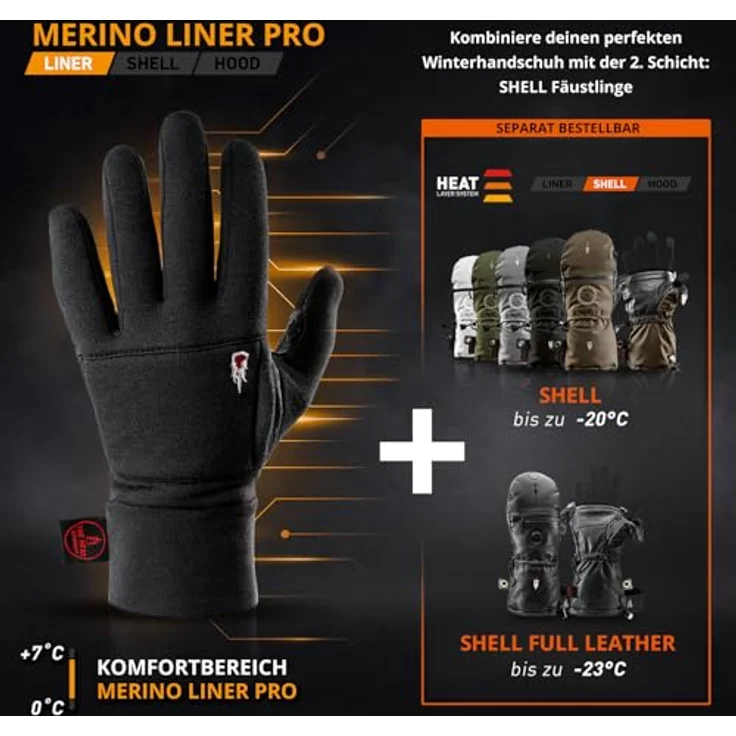 THE HEAT COMPANY Merino Liner PRO Unterziehhandschuhe, weiche Merino Handschuhe für Damen und Herren, Touchscreen-fähig, schwarz – Bild 2