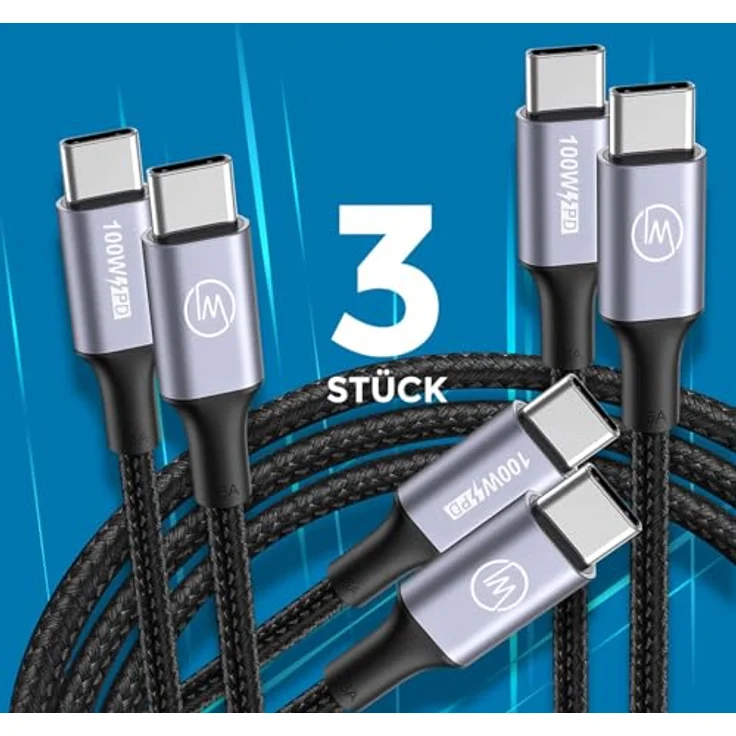 Wicked Chili 3x Dual USB-C Kabel 100W, 1m, schwarz, 4K@60Hz, USB-C 3.2 Gen2, 10 Gbps Datentransfer, Nylon Ladekabel für iPhone, MacBook und Samsung – Bild 6