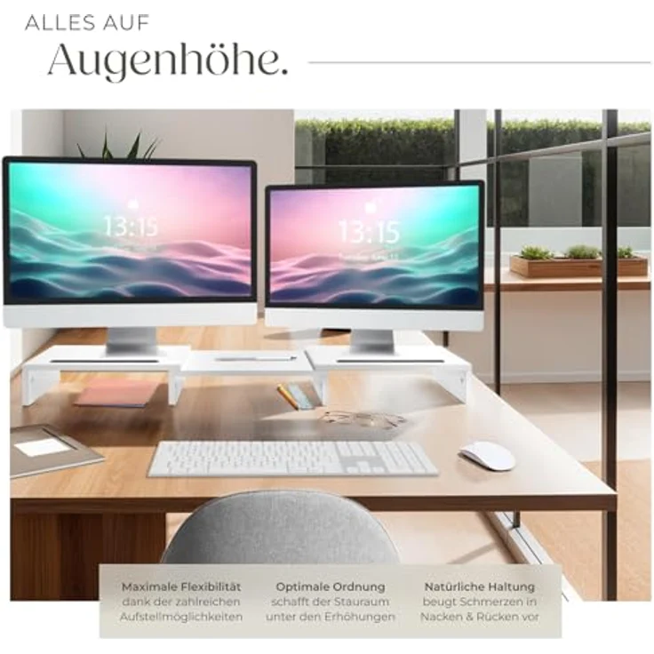 tectake® Monitorständer weiß, Ergonomische Bildschirmerhöhung mit flexibler Anpassung und zusaätzlichem Stauraum – Bild 3