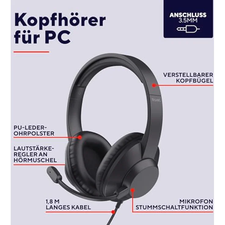 Trust Ayda Max PC Headset Over-Ear, Mikrofon 3.5mm, 1,80 m Kabel, verstellbarer Kopfbügel, 85% Recyclingkunststoff, schwarz – Bild 2
