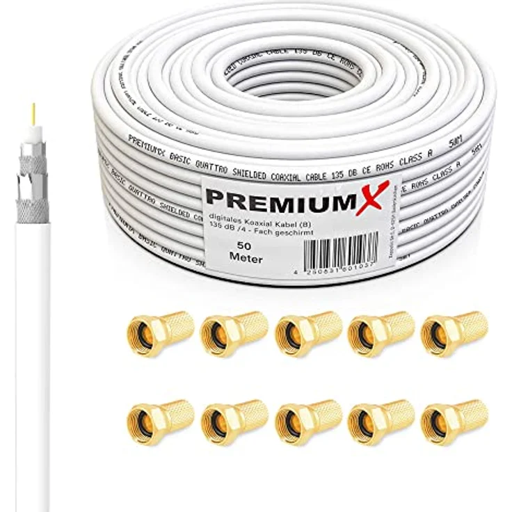 135dB 50m Koaxial SAT Kabel Antennenkabel Koaxkabel 4-fach geschirmt Koaxialkabel für DVB-S / S2 DVB-C und DVB-T BK Anlagen + 10 vergoldete F-Stecker SET Gratis dazu FULLHD 3D Digital – Bild 2