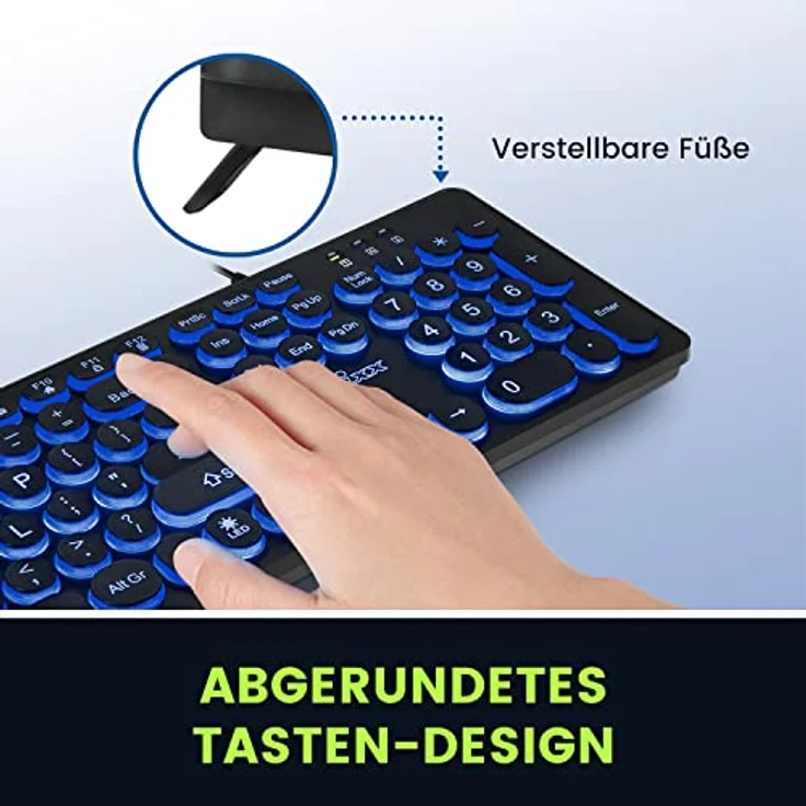 Perixx PERIBOARD-317R Kabelgebundene USB-Tastatur mit Hintergrundbeleuchtung – Großbuchstaben – dreifarbig beleuchtete LED – stilvolle runde Tastenkappen – DE QWERTZ-Layout, schwarz – Bild 4