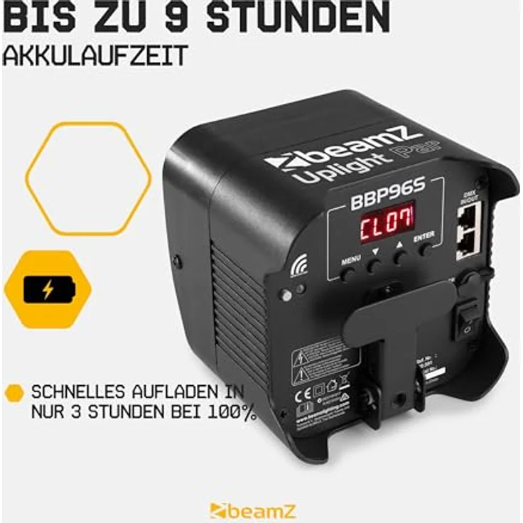 BeamZ BBP96SB Bodenstrahler, Akkubetriebener LED-Uplight Par mit 6x 12W 6-in-1 RGBAW-UV LEDs, Schwarz, bis zu 9 Stunden Betriebszeit, DMX-fähig – Bild 4
