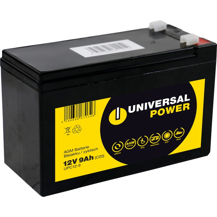 Universal Power AGM UPC12-9 12V 9Ah AGM Batterie zyklenfest wartungsfrei, leicht und zuverlässig