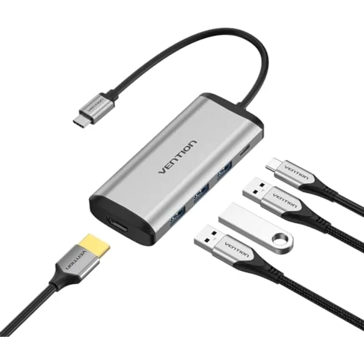 Vention Multifunktionale Dockingstation Typ C für HDMI, 3 x USB 3.0 und 0,15 m, PD - Grau Metallic