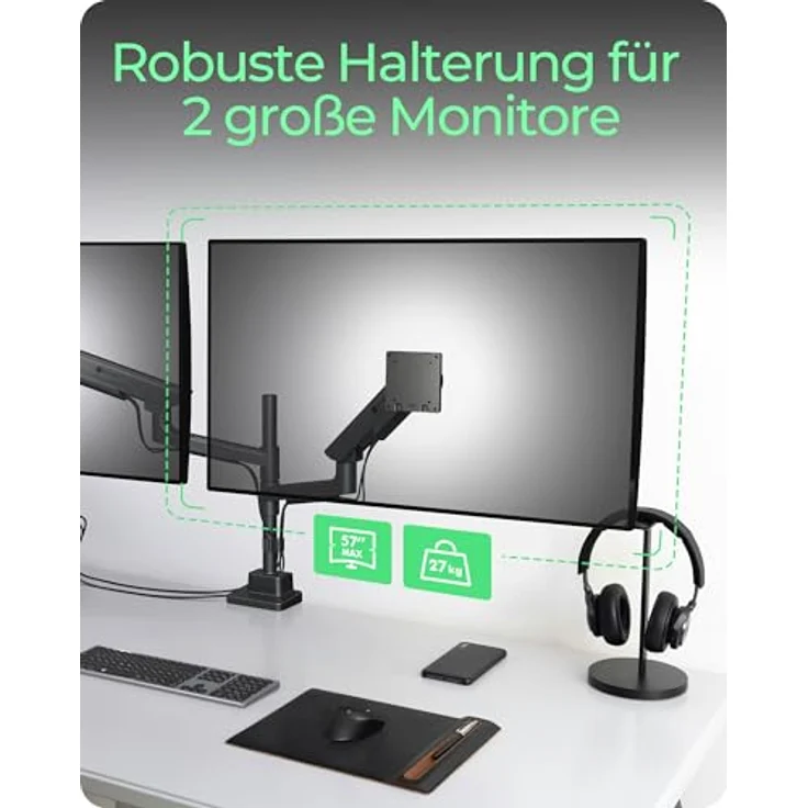 ICY BOX IB-MS702-T, Monitorständer für 2 Monitore bis 57", Gasdruckfeder, ergonomisch einstellbar, Aluminium-Stahl-Konstruktion, VESA 75x75/100x100, Tischklemme & Durchführung – Bild 2