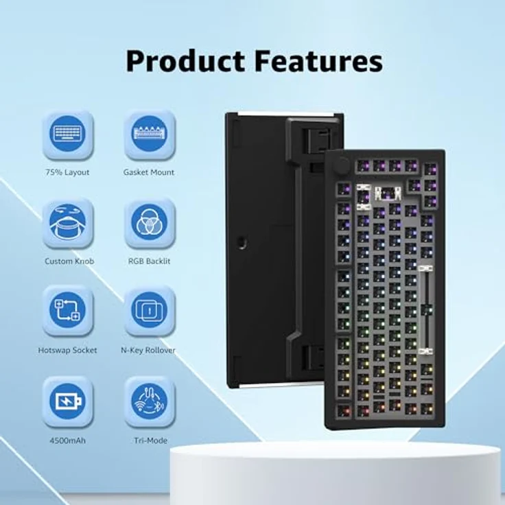 Akko 5075B ISO Mechanische Tastatur-Kit, Gaming-DIY-Barebone-Kit, RGB-Hintergrundbeleuchtung, VIA-programmierbar, Tri-Mode Bluetooth 5.0/2,4 GHz/kabelgebunden, Schwarz – Bild 2