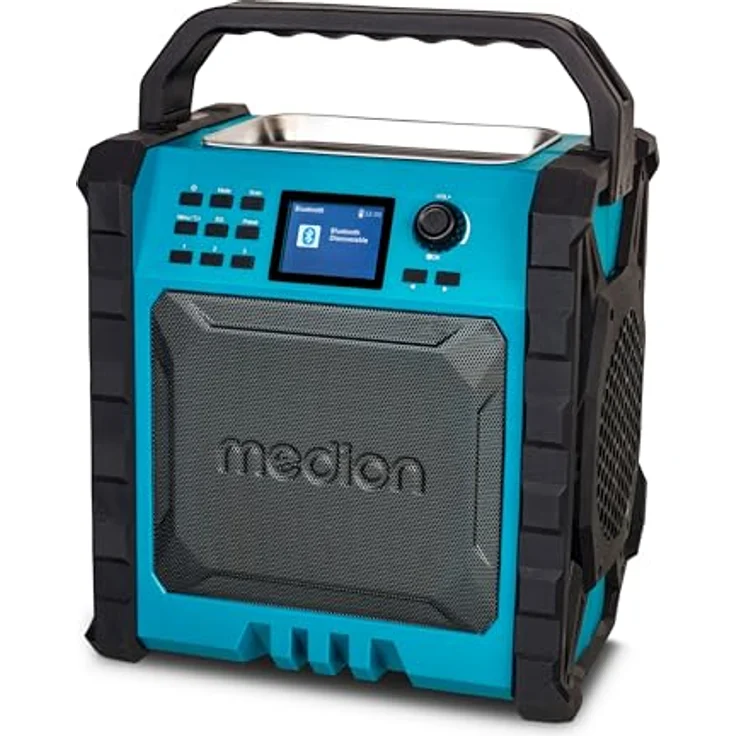 MEDION P66896 Baustellenradio mit DAB Plus, integriertem Akku und Powerbank-Funktion, Bluetooth und Farbdisplay, robust (schwarz) – Bild 1