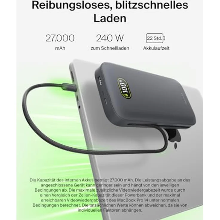 Belkin BOOST Charge Laptop Power Bank 27.000mAh, 240W, USB-C mit Kabel, für bis zu 3 Geräte, digitale Ladestatusanzeige, Handgepäck zugelassen – Bild 2
