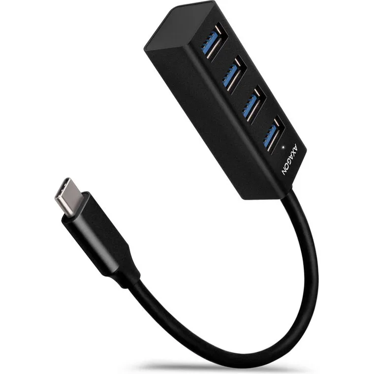 AXAGON HUE-M1C Superspeed USB-C Mini Hub, 4x USB 3.0 - 20cm, schwarz, Kompakter USB 3.0 Hub mit USB-C-Stecker, Datenübertragung bis zu 5 Gb/s