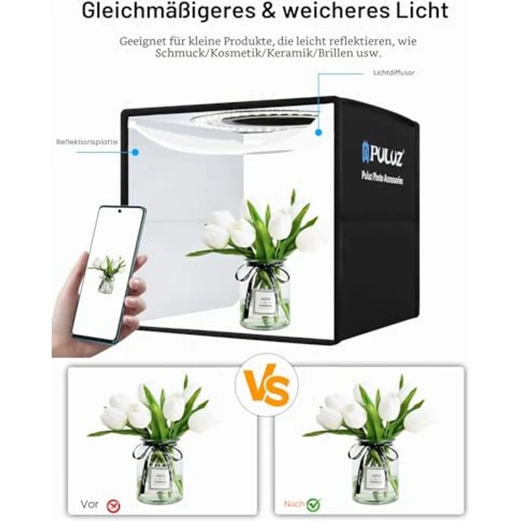 PULUZ 30cm Faltbare Fotobox, Lichtbox mit dimmbarem Licht und 6 PVC-Hintergründen für Produktfotografie – Bild 5