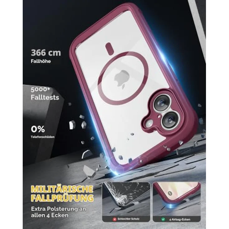 miracase iPhone 17 Hülle 6,3 Zoll, 360° Komplettschutz mit integriertem 9H-Glas-Displayschutz, Burgunderrot – Bild 5