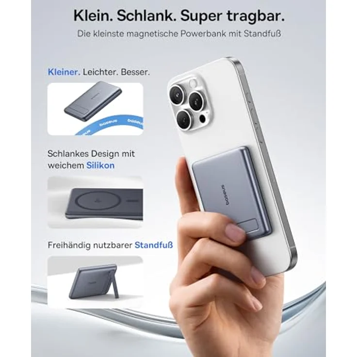 Baseus Mini MagSafe Powerbank 5000mAh, Qi2-zertifiziert mit klappbarem Ständer, PD 20W, magnetisch und kabellos, kompatibel mit iPhone 17/16/15/14/13/12/Pro/Pro Max Serie, Grau – Bild 2