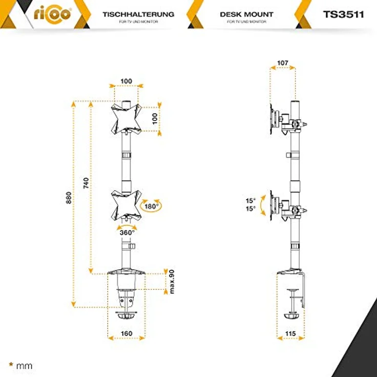 RICOO Monitor Tischhalterung für 2 Monitore Übereinander Monitorhalterung TS3511 Monitorständer Schwenkbar Neigbar Höhenverstellbar Schreibtisch Bildschirmständer Tisch Ständer Monitorhalterungen VESA 75x75 100x100 / Silber – Bild 8