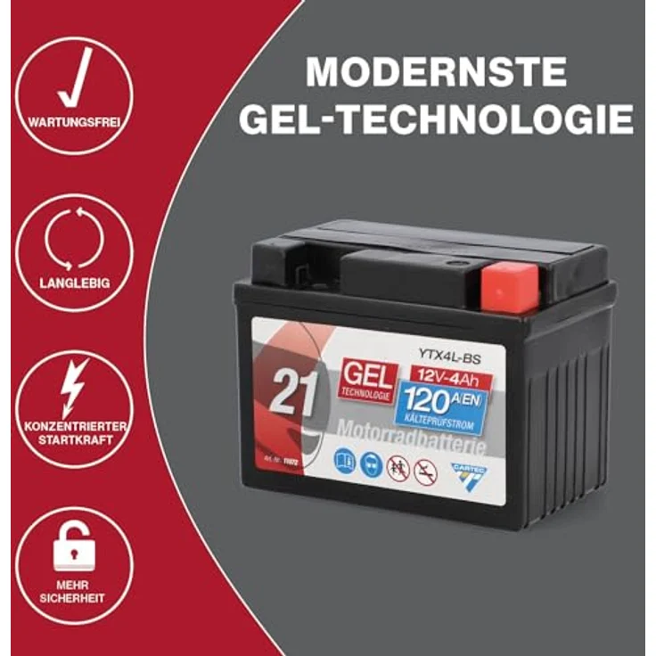 Cartec Gel Motorradbatterie YTX4L-BS 4Ah 120A, wartungsfrei, auslaufsicher, ideal für Mofas und Motorräder – Bild 5