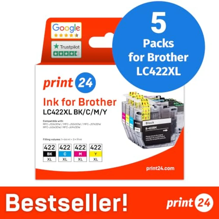 print24 LC422XL Tintenpatronen Set, 5-tlg. in Schwarz, Cyan, Magenta und Gelb, hohe Seitenleistung für Brother Drucker – Bild 2