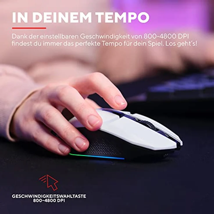 Trust Gaming GXT 110W Felox Wiederaufladbare Kabellose Gaming-Maus, 80 Stunden Akkulaufzeit, 800-4800 DPI, LED-Beleuchtung, 6 Tasten, Wireless Mouse für PC, Laptop, Computer, Windows – Weiß – Bild 3
