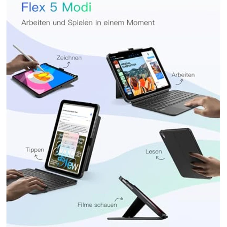 Inateck AceTouch Pro Hülle mit Tastatur für iPad 11 A16 (2025) und iPad 10. Gen (2022), Abnehmbar, 5,1" Touchpad, Vertikaler/Horizontaler Ständer, QWERTZ, Schwarz – Bild 4