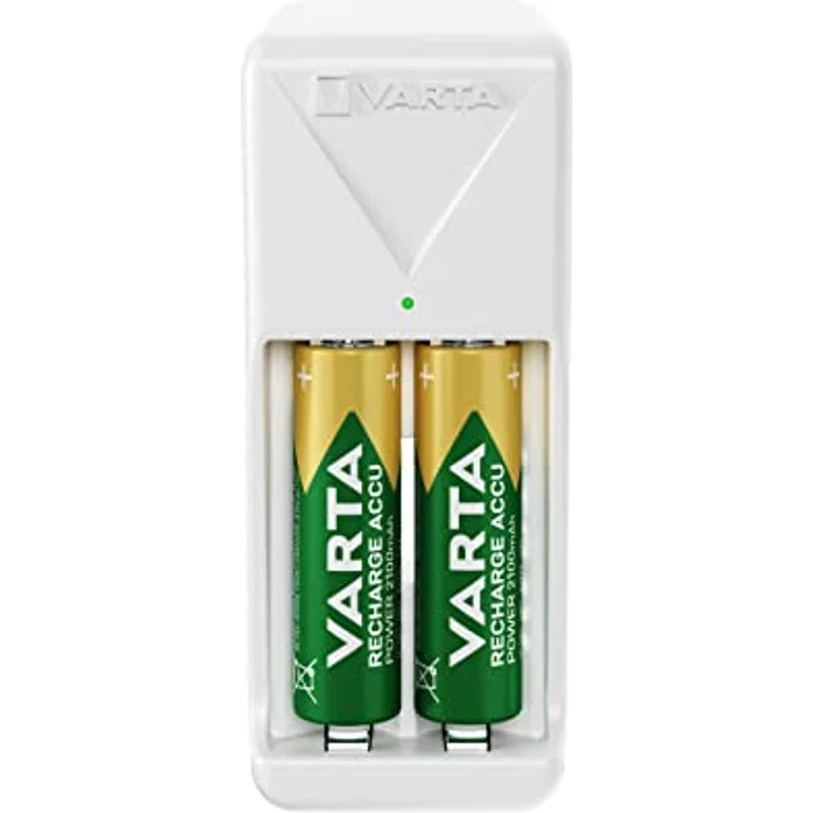 VARTA Akku Ladegerät, inkl. 2X AA 2100mAh, Batterieladegerät für wiederaufladbare Batterien, lädt 2 AA/AAA gleichzeitig, Mini Charger, weiß – Bild 1