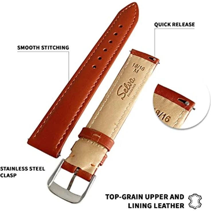 SELVA Uhrenarmband 16 mm, Leder, sandfarben mit silberner Schließe, für Smartwatches, Made in Germany – Bild 4