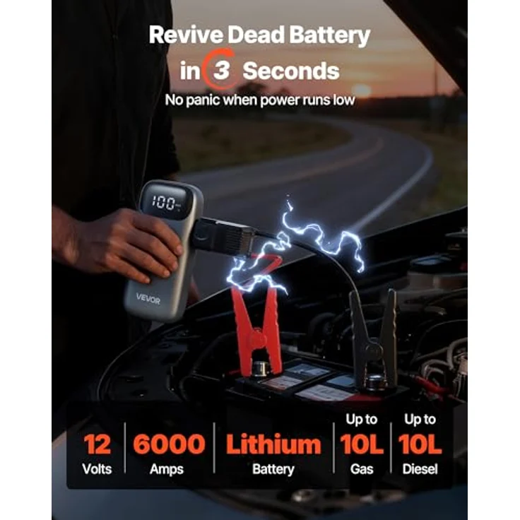 VEVOR Starthilfe Powerbank, 6000A Autobatterie Booster mit LED-Taschenlampe, 26.800 mAh, für 10L Motoren, kompakt und sicherheitsgeschützt – Bild 2