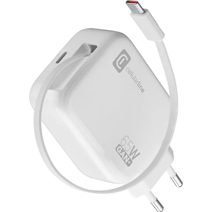 Cellularline 65W-Wandladegerät mit 90 cm einziehbarem USB-C-Kabel, GaN-Technologie, Doppeltem USB-C Power Delivery-Anschluss, Weiß