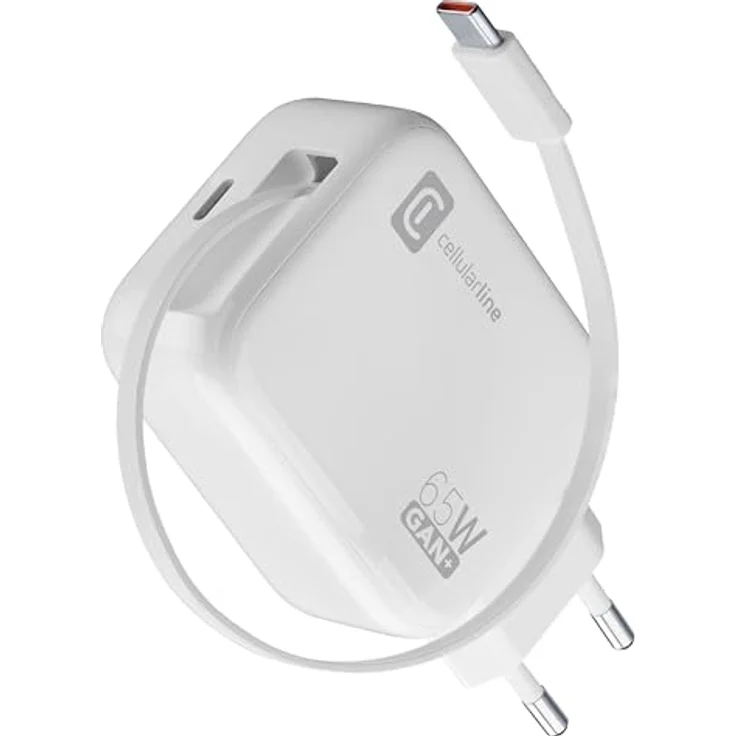 Cellularline 65W-Wandladegerät mit 90 cm einziehbarem USB-C-Kabel, GaN-Technologie, Doppeltem USB-C Power Delivery-Anschluss, Weiß – Bild 1