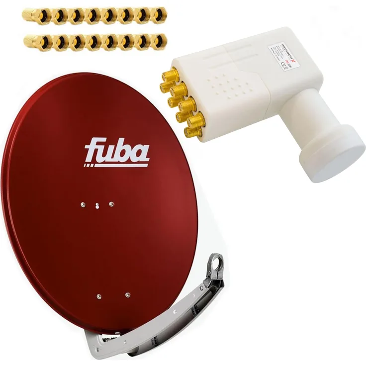 Fuba DAA 780 R, Satellitenantenne 74x84 cm, Alu Rot mit LNB Octo und 16 vergoldeten F-Steckern